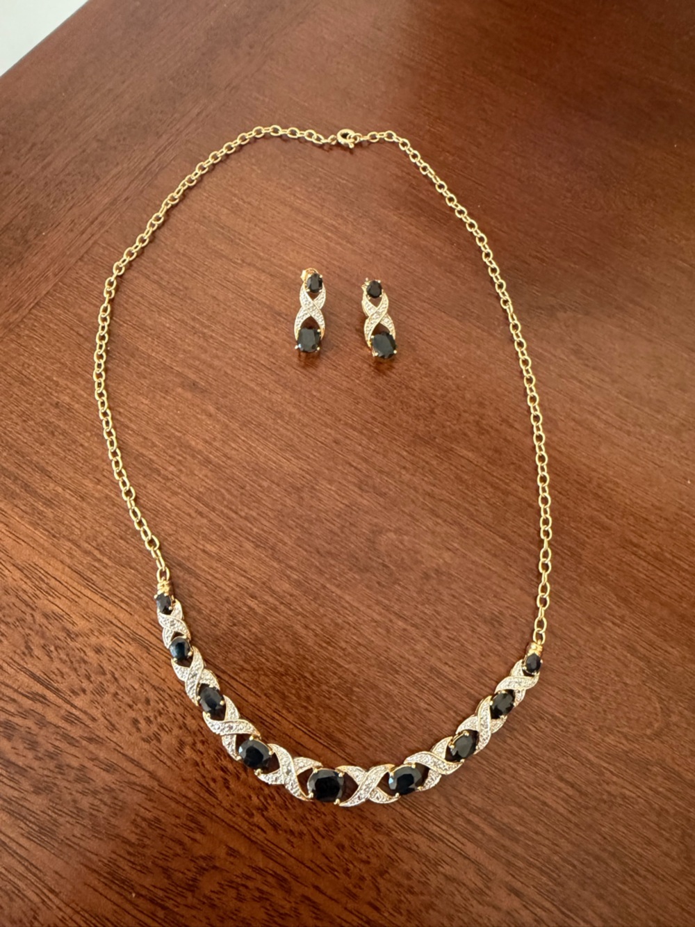 Blue Sapphire Look Sterling Silver 925 Necklace & Earring Set Gold Tone